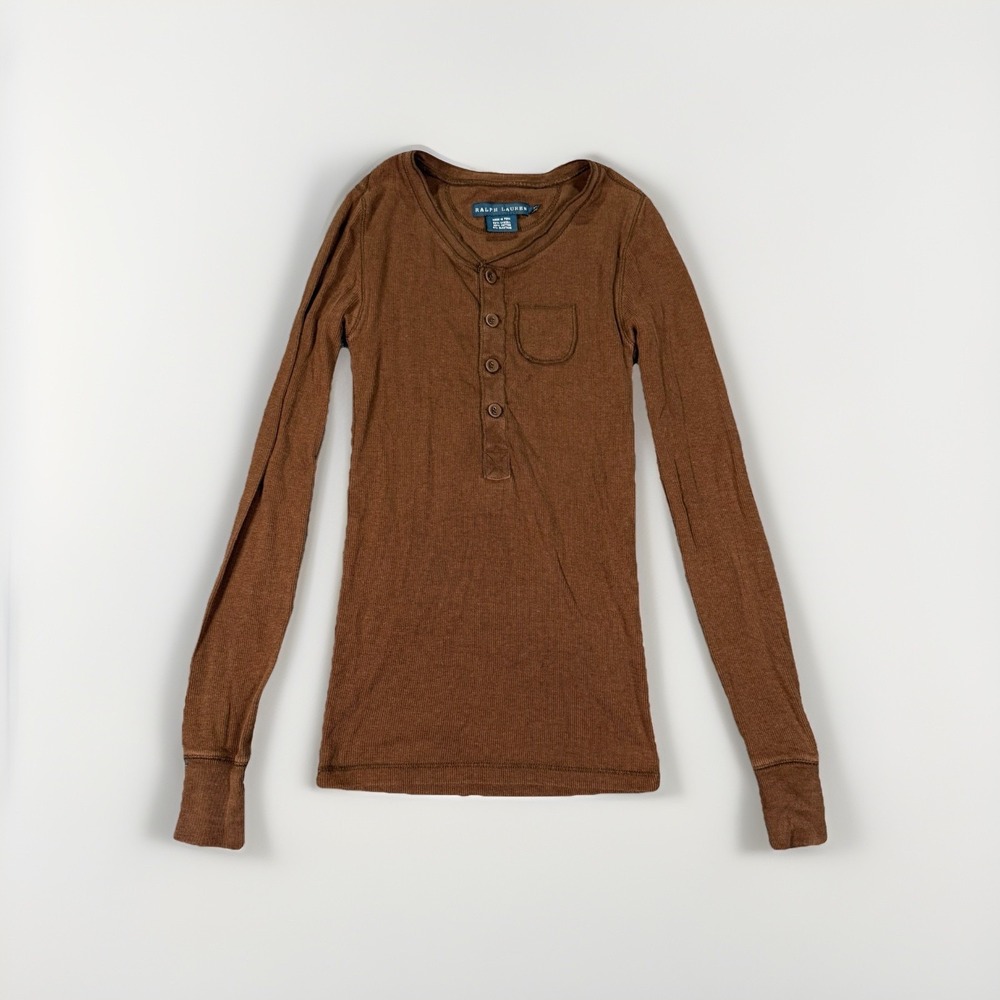VTG RALPH LAUREN Blue Label Brown Henley Top Long Sleeve Shirt Womens Size XS